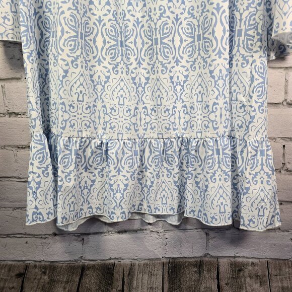 WOMENS BOHO BELL SLEEVE BLUE AND WHITE ALL OVER PRINT  VNECK  DRESS SIZE MED - Picture 9 of 9
